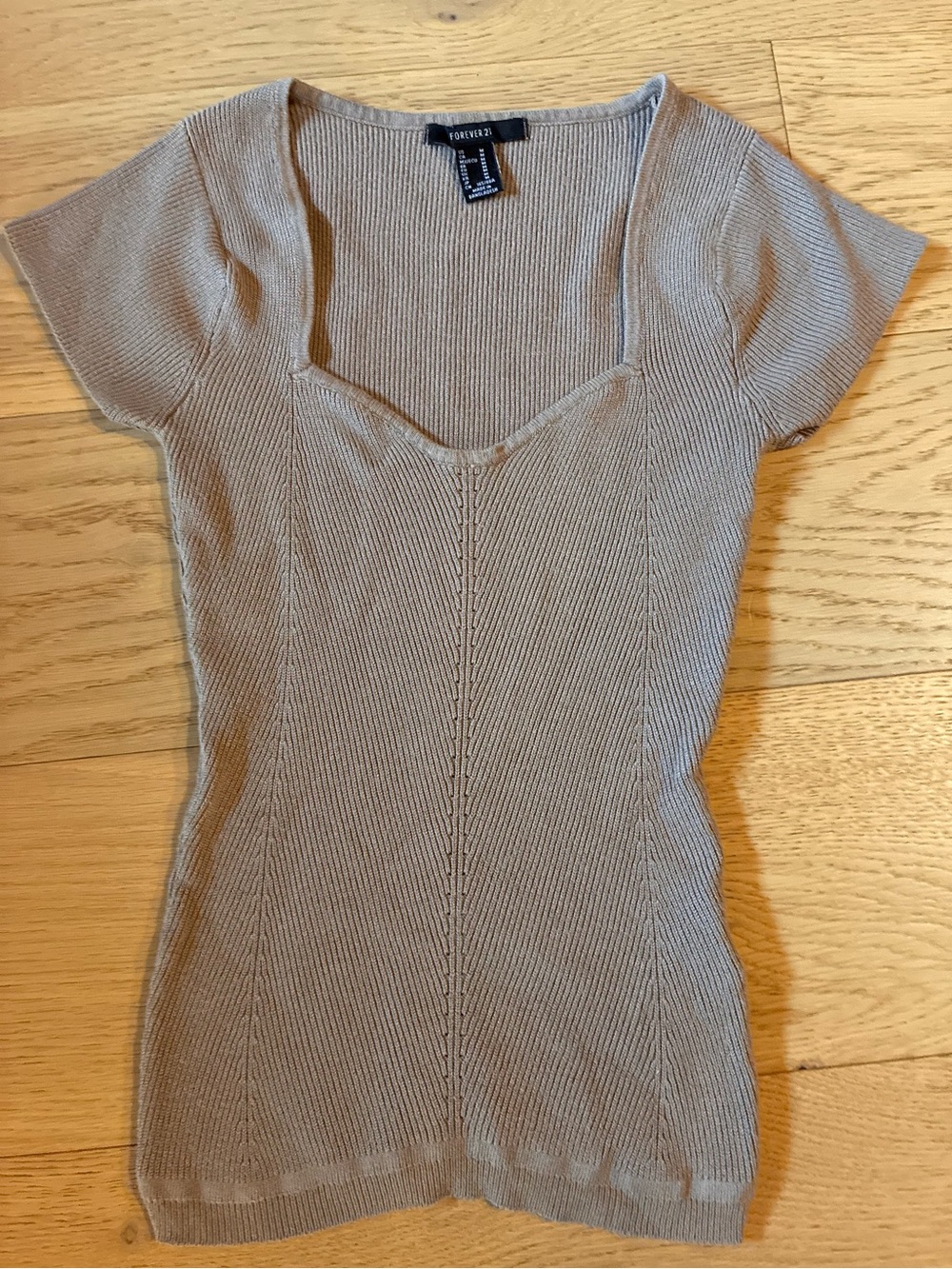 Taupe Ribbed Sweetheart Neck Short Sleeve Top